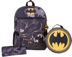 CurePink Školní batoh DC Comics|Batman s příslušenstvím - svačinový box - pouzdro - klíčenka (objem batohu 12 litrů|29 x 41 x 10 cm)