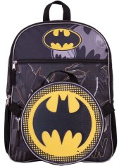 CurePink Školní batoh DC Comics|Batman s příslušenstvím - svačinový box - pouzdro - klíčenka (objem batohu 12 litrů|29 x 41 x 10 cm)