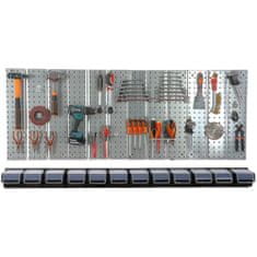 botle Nástěnná police 156x72 cm Kovový úložný systém s držáky na nářadí a 12 stohovací krabice, 120 x 200 x 90 mm barva: černý