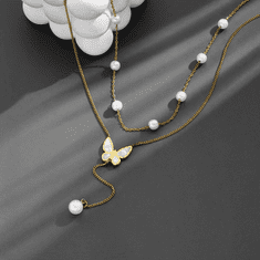 For Fun & Home Dlouhý náhrdelník z chirurgické oceli 316L s motýlem a perlami, pozlacený 18karátovým zlatem, délka 50 cm + 7 cm prodloužení