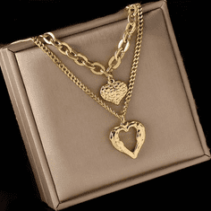 For Fun & Home Dvojitý náhrdelník srdce na zlatém řetízku z chirurgické oceli