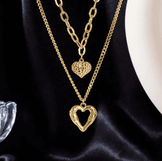 For Fun & Home Dvojitý náhrdelník srdce na zlatém řetízku z chirurgické oceli
