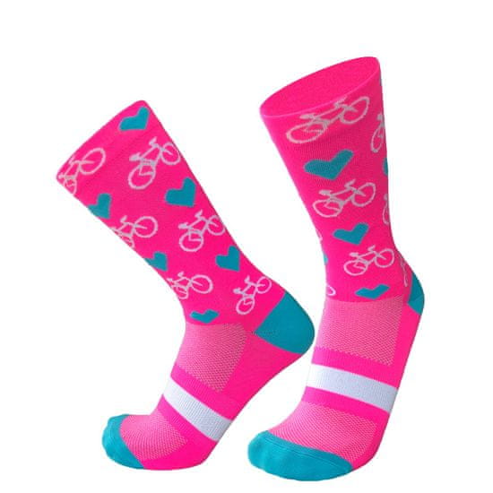 Duck Bike Cyklistické ponožky Hearts & Bikes, růžová/tyrkysová - velikost 38 - 42