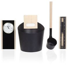 Topsauna Set do sauny - Vědro, naběračka, teploměr s vhkoměrem, přesýpací hodiny, dřevo/hliník - černý